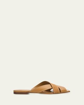 Tod's T-Strap Mixed Leather Flat Slide Sandals