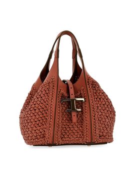 Tod's Women's T Timeless Mini Raffia & Leather Shopper Tote Bag