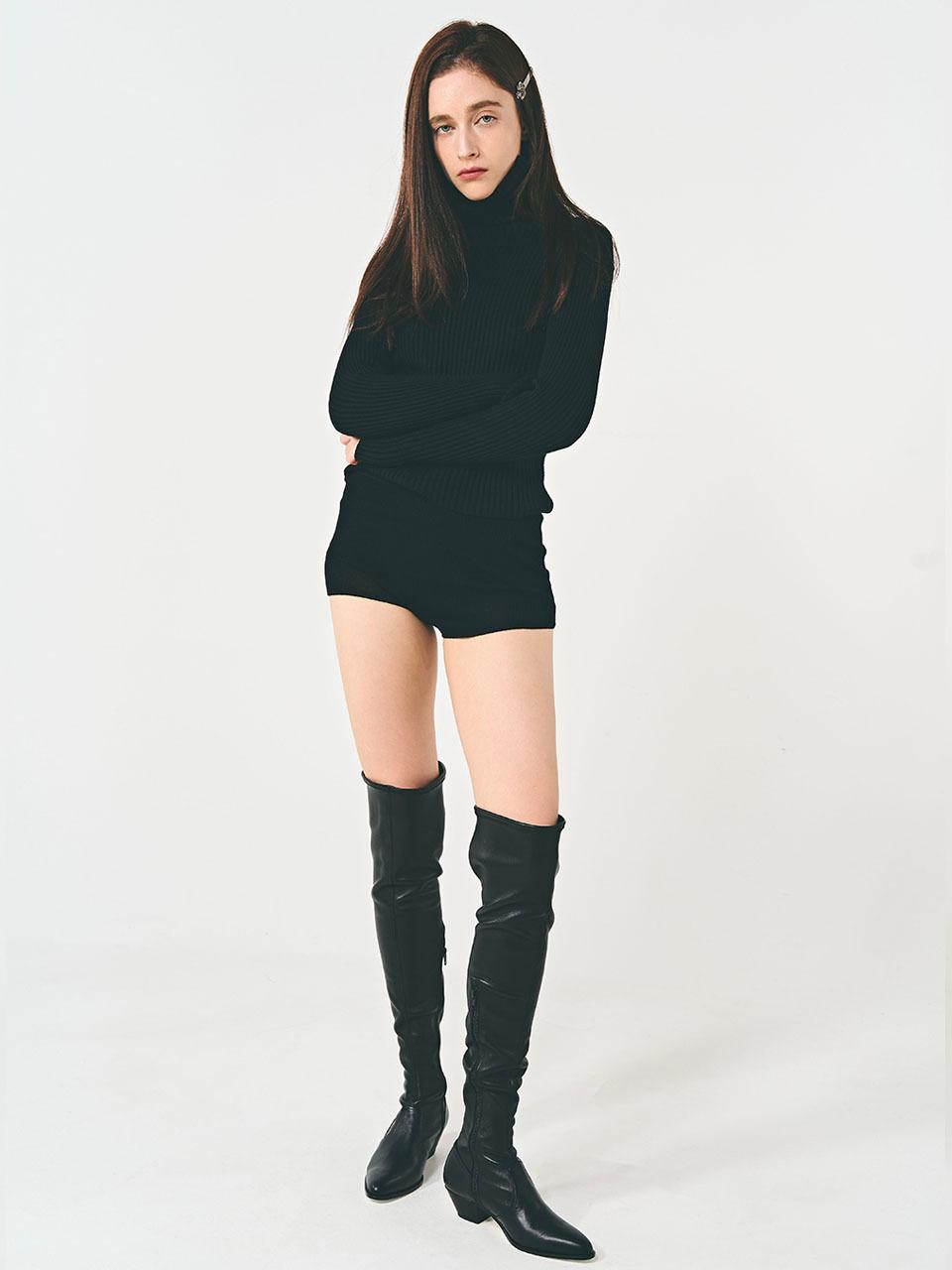 TOE U Western Stretch Leather Over The Knee Boots [Black]
