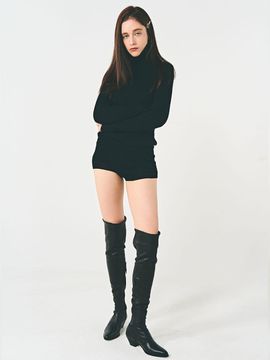 TOE U Western Stretch Leather Over The Knee Boots [Black]