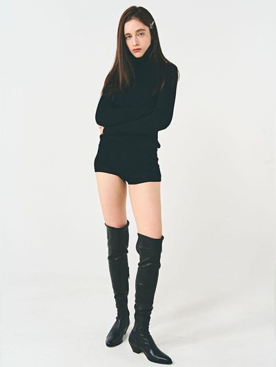 TOE U Western Stretch Leather Over The Knee Boots [Black]