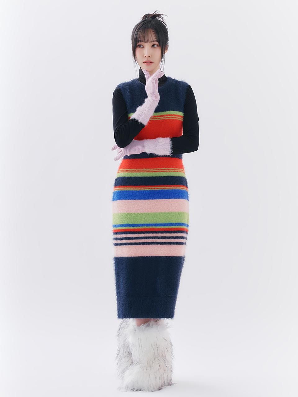 toinq Hairy Knit Stripe H-Line Long dress (T249MOP901W)