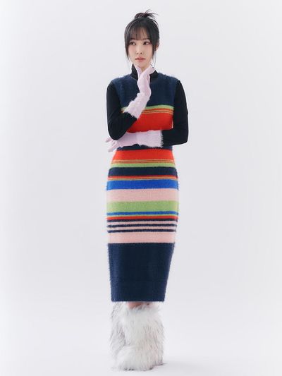 toinq Hairy Knit Stripe H-Line Long dress (T249MOP901W)