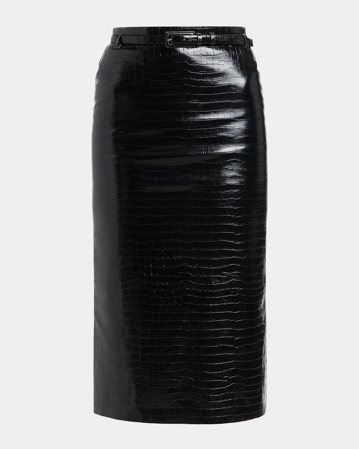 TOM FORD Exotic Croco Embossed Leather Midi Skirt With Belt