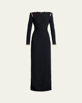 TOM FORD Long-Sleeve Chainmail-Trim Silk Column Gown