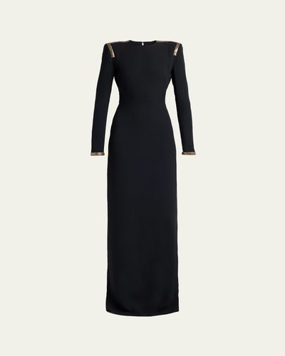 TOM FORD Long-Sleeve Chainmail-Trim Silk Column Gown