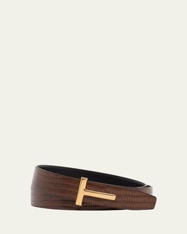 TOM FORD Men's Croc-Effect Leather T-Buckle Belt