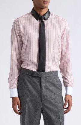 TOM FORD TOM FORD Stripe Silk Button-Up Shirt with Removable Leather Collar