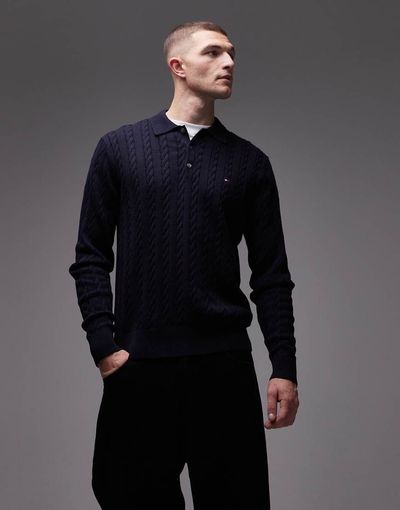 Tommy Hilfiger Tommy Hilfiger cable knit long sleeve polo shirt in navy