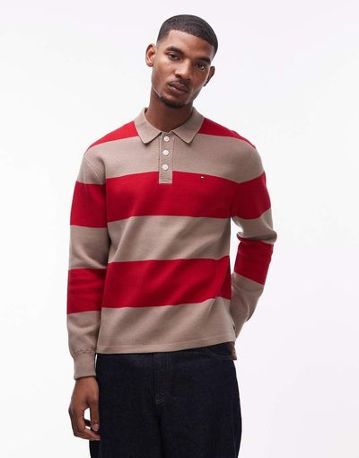 Tommy Hilfiger Tommy Hilfiger color block striped long sleeve rugby polo shirt in red and tan-Brown