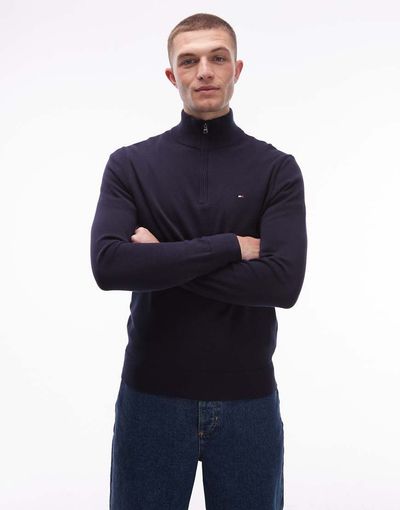Tommy Hilfiger Tommy Hilfiger flag cotton half zip sweater in navy