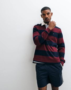 Tommy Hilfiger Tommy Hilfiger flag rugby shirt in burgundy/navy stripe-Red