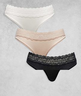 Tommy Hilfiger Tommy Hilfiger logo lace 3 pack bikini briefs in black/white/beige-Multi