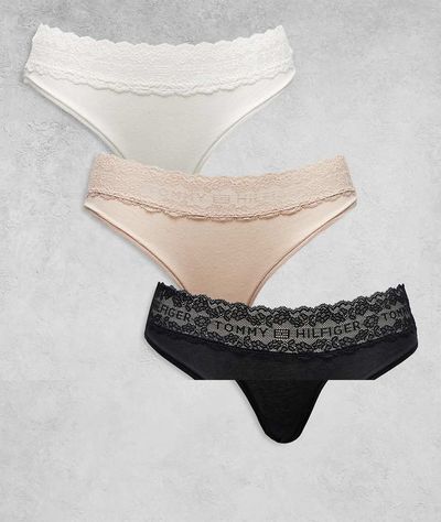 Tommy Hilfiger Tommy Hilfiger logo lace 3 pack bikini briefs in black/white/beige-Multi
