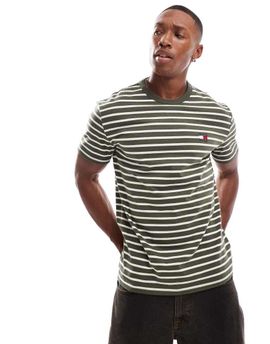 Tommy Jeans Tommy Jeans badge t-shirt in olive and cream stripe-Multi