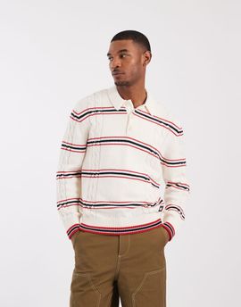 Tommy Jeans Tommy Jeans cable knit polo sweater in cream/red stripes-White
