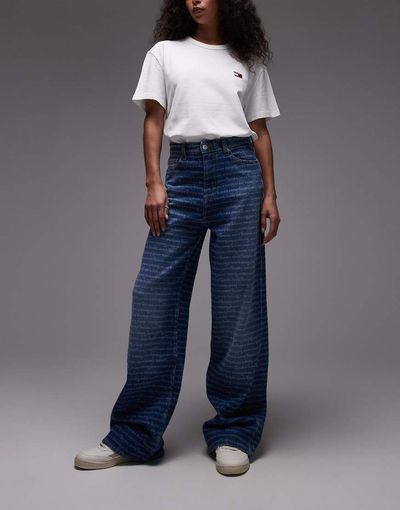Tommy Jeans Tommy Jeans Claire repeat logo wide leg jeans in dark wash-Blue