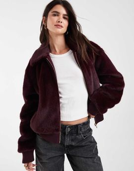 Tommy Jeans Tommy Jeans flag logo faux fur jacket in burgundy-Red