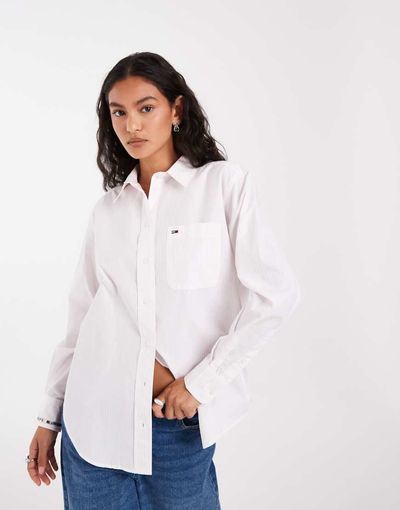 Tommy Jeans Flag Logo Relaxed Fit Shirt In Light Pink Stripe