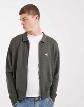 Tommy Jeans Tommy Jeans relaxed zip through cardigan in khaki-Green