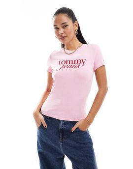 Tommy Jeans Tommy Jeans retro script baby t-shirt in pink and red