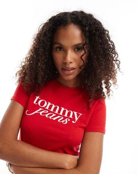 Tommy Jeans Tommy Jeans retro script baby t-shirt in red and white