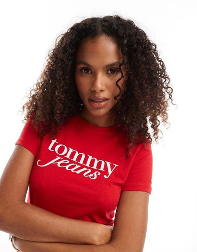 Tommy Jeans Tommy Jeans retro script baby t-shirt in red and white