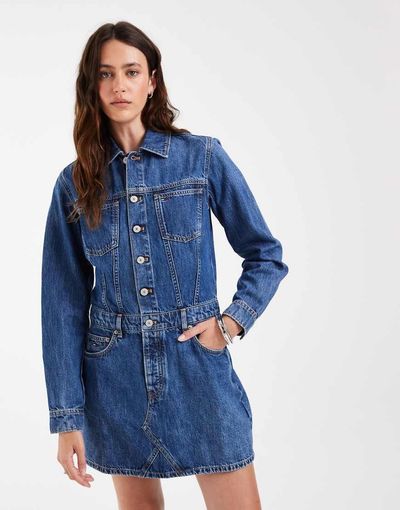 Tommy Jeans Western Denim Trucker Dress In Mid Wash-Blue
