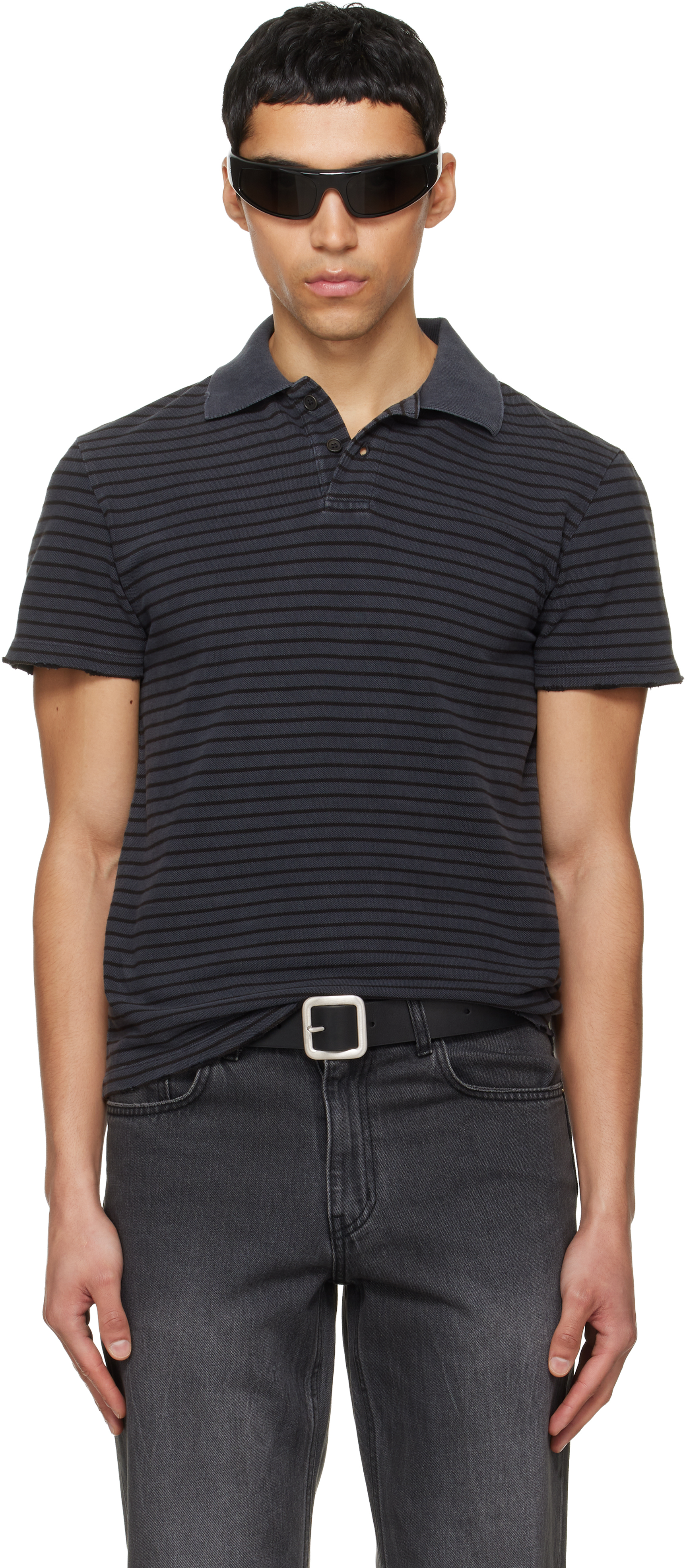 TONYWACK - Black Garment Dyed Stripe Pique Polo