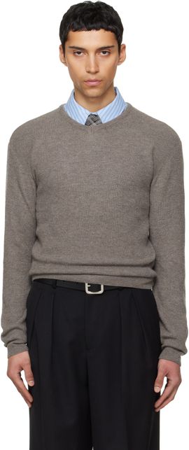 TONYWACK TONYWACK Taupe Superfine Wool Commando V-Neck Knit Sweater
