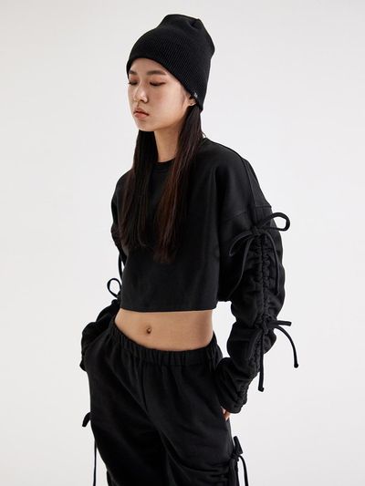 TOPGIRL DRAWSTRING SIDE CROP SWEATSHIRT_T226TP111(BK)