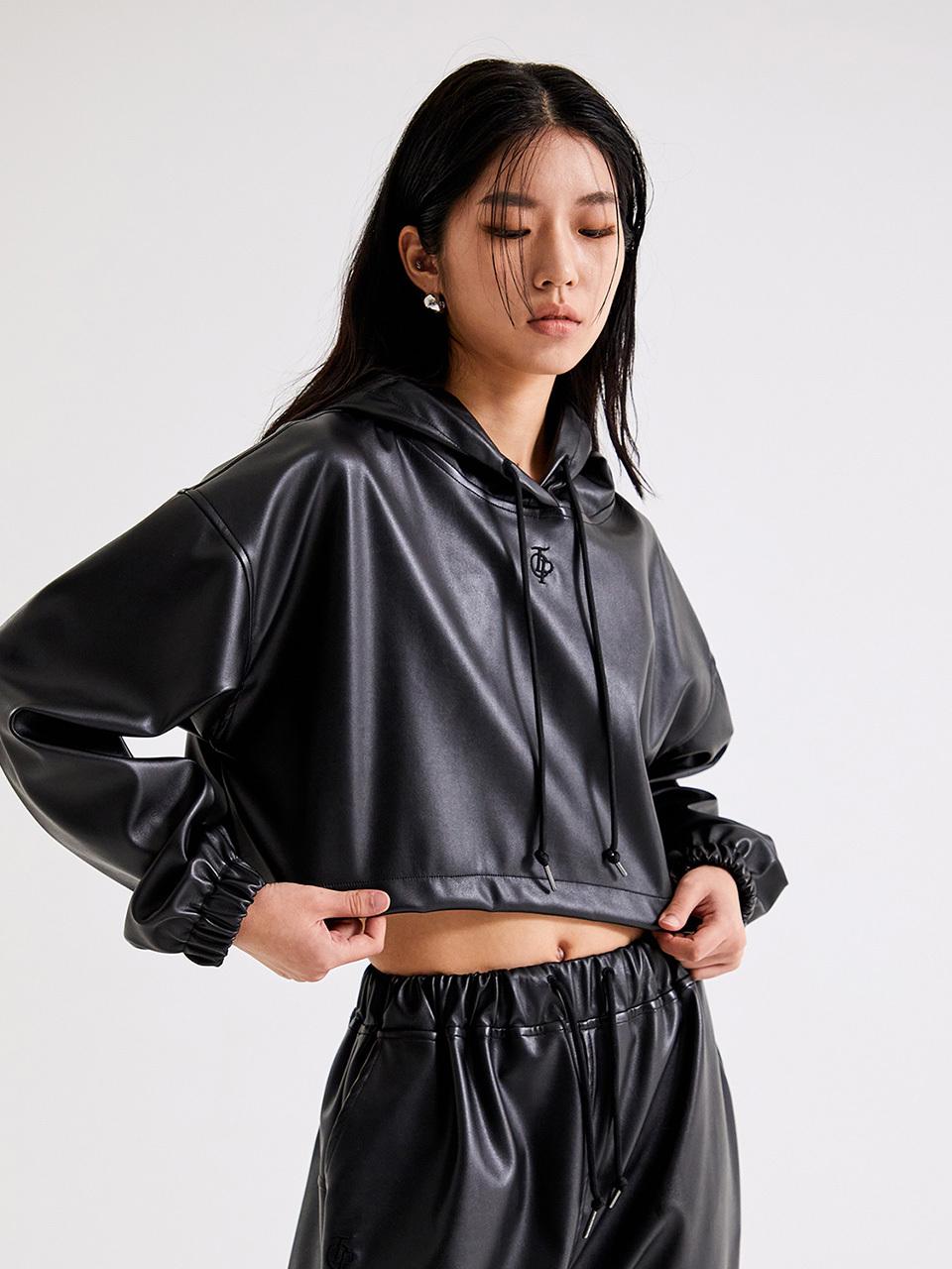 TOPGIRL Flex Leather Cropped Drop Shoulder Hoodie [Black] (T226TP108)