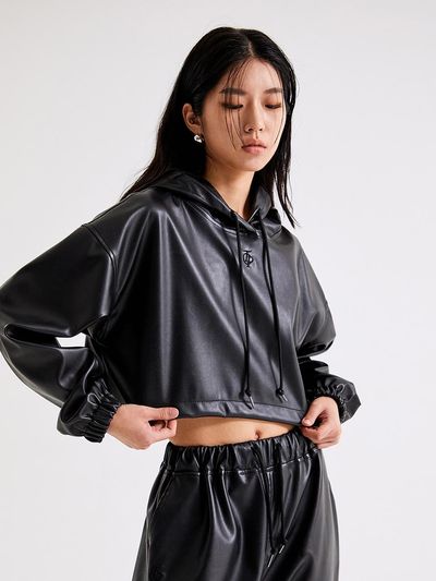 TOPGIRL Flex Leather Cropped Drop Shoulder Hoodie [Black] (T226TP108)
