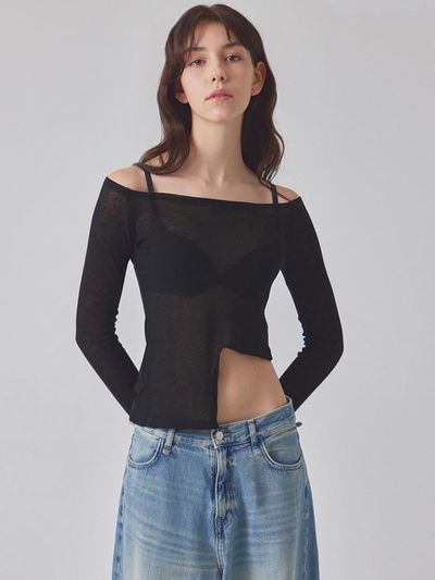 TOPGIRL UNBALANCED WAIST OFF-SHOULDER TOP_T416TP112(BK)