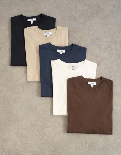 Topman Topman 5 pack classic fit t-shirt in navy, ecru, brown, stone and black-MULTI
