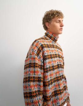 Topman Topman boxy crop fit quarter zip funnel neck borg check sweater in orange