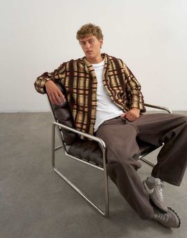 Topman Topman boxy fit borg plaid cardigan in brown