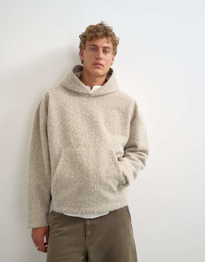 Topman Topman boxy fit brushed borg hoodie in stone-Neutral