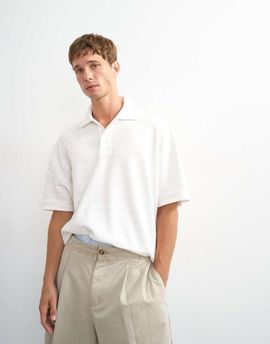 Topman Topman boxy fit textured striped jersey polo in ecru-White