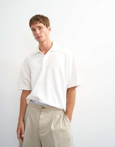 Topman Topman boxy fit textured striped jersey polo in ecru-White