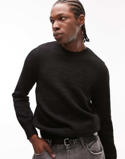 Topman Topman brushed knitted crew neck sweater in black