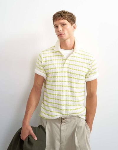 Topman Topman classic fit crochet striped polo in ecru-Green