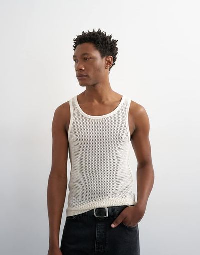 Topman Topman classic fit crochet tank top in ecru-White