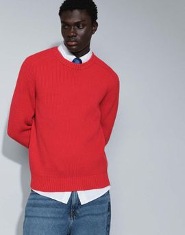 Topman Topman classic fit fisherman knit sweater in red-Navy