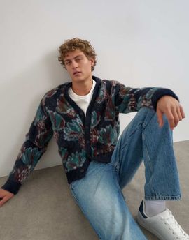 Topman Topman classic fit fluffy floral cardigan in navy