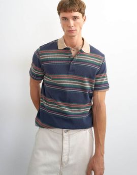 Topman Topman classic fit jersey striped polo shirt in navy-Multi