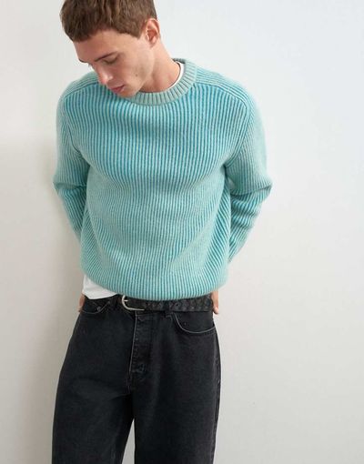 Topman Topman classic fit plaited fisherman knit sweater in teal-Green