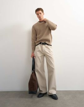 Topman Topman classic fit plated fisherman knit sweater in oatmeal-Brown