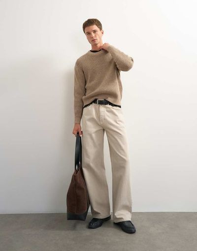 Topman Topman classic fit plated fisherman knit sweater in oatmeal-Brown