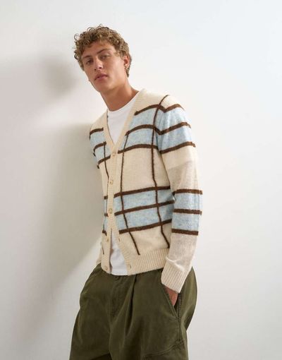 Topman Topman classic fit sheer knit cardigan with check in ecru-White